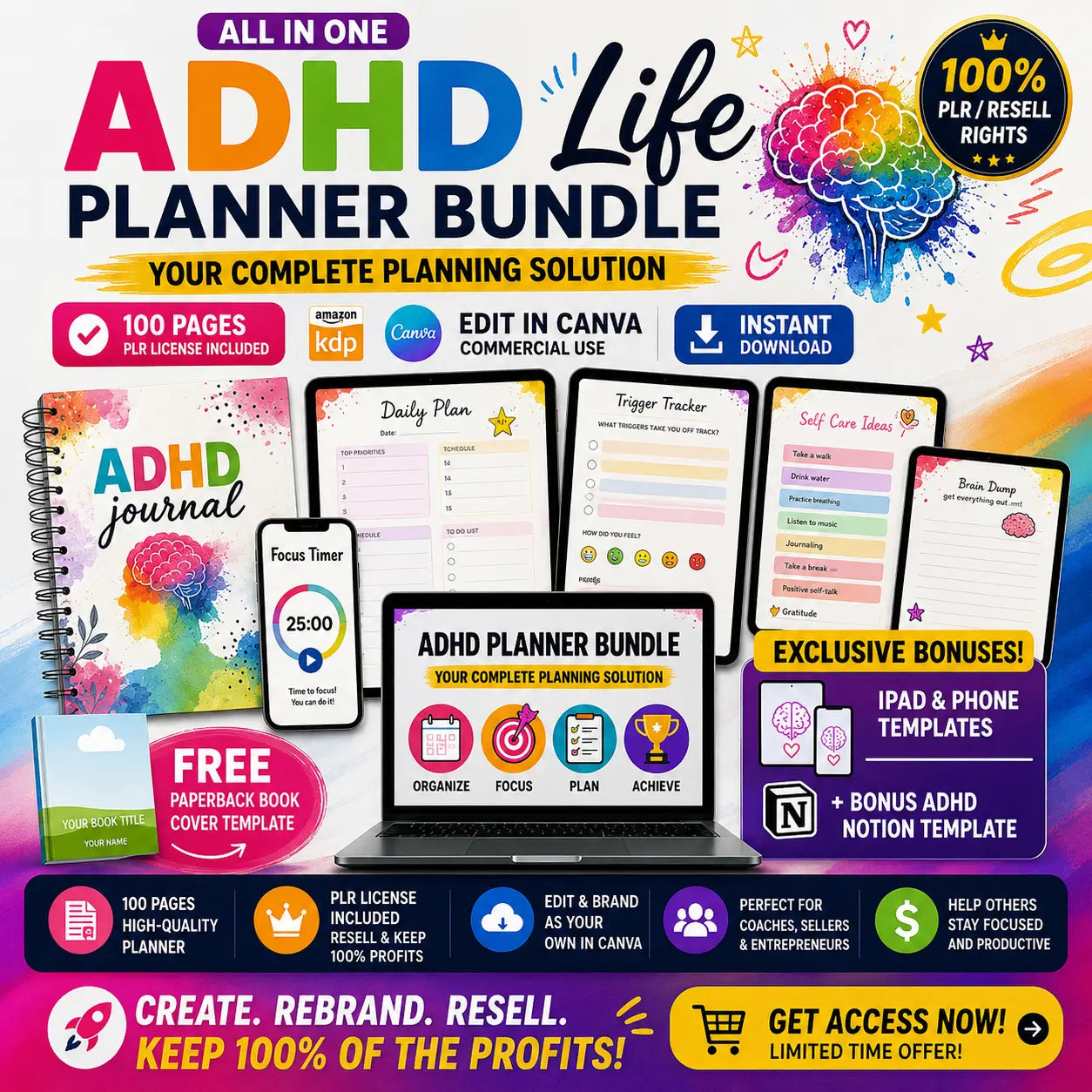ADHD Focus Planner — 100+ Editable Pages, Resell Ready
